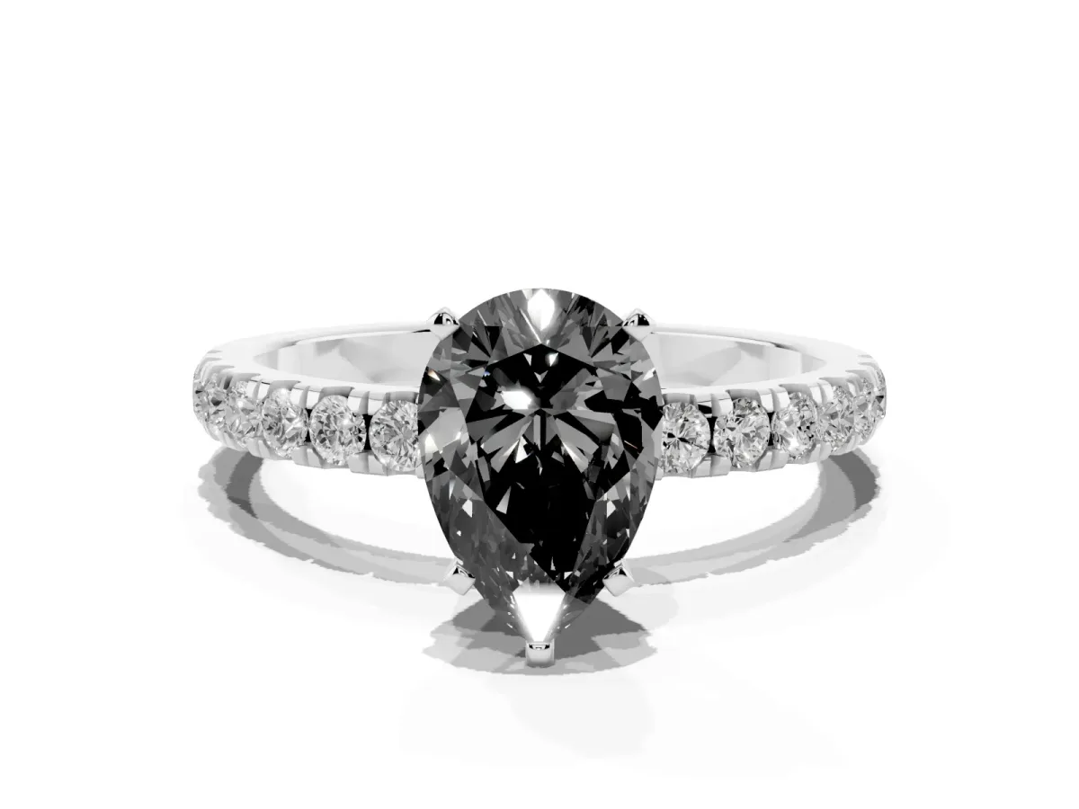 Fancy Black Pear Cut Diamond Solitaire Ring with Pavé Accents and Four-Prong Setting Platinum