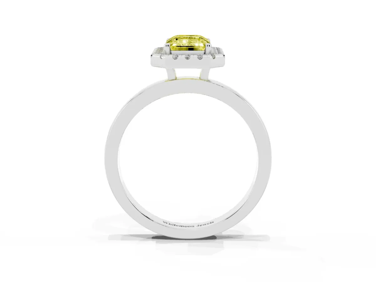 Fancy Yellow Emerald Cut Halo Diamond Solitaire with Pavé Band and Four-Prong Setting Platinum