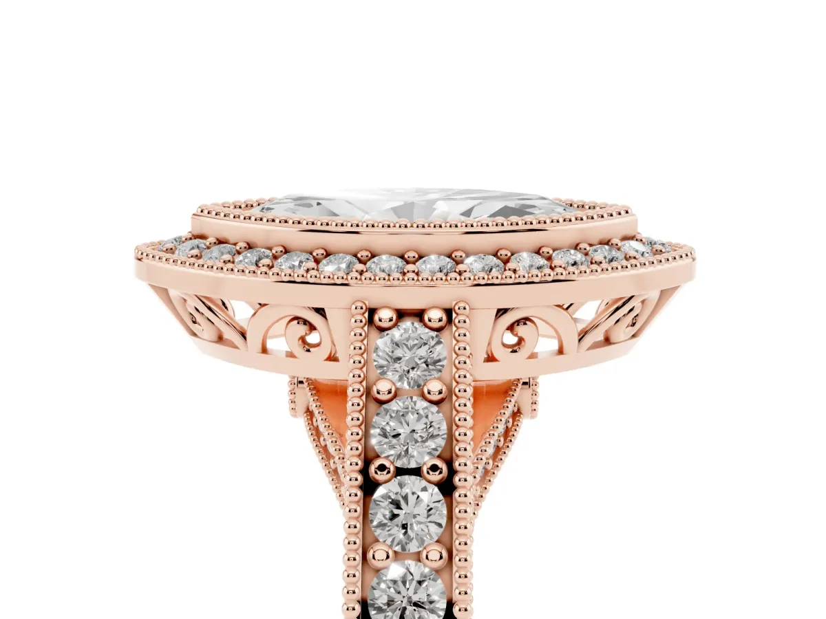 Marquise Cut Halo Diamond Split Shank Pave Ring Rose gold