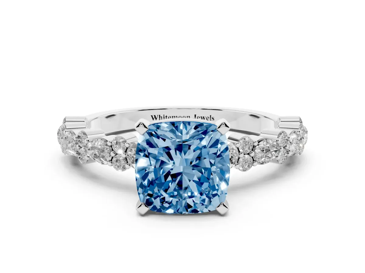 Fancy Blue Cushion Cut Diamond Side Stone Solitaire Ring with Round and Four-Prong Setting Platinum
