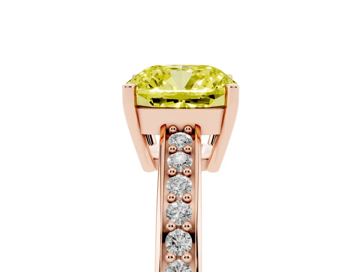 Fancy Yellow Cushion Cut Solitaire Pavé Band Prong Setting Ring Rose gold