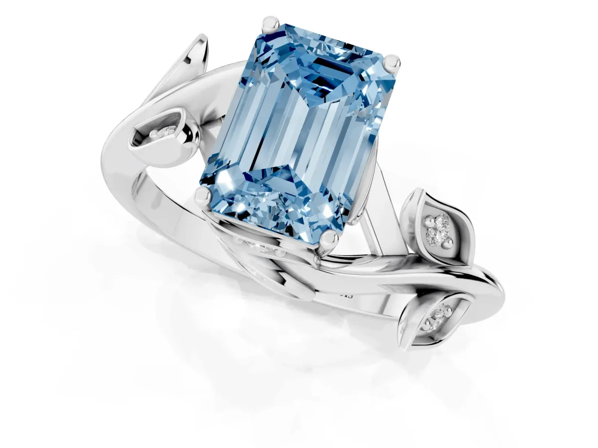 Fancy Blue Emerald Cut Solitaire Twist Engagement Ring with Leaf Accents and Prong Setting Silver