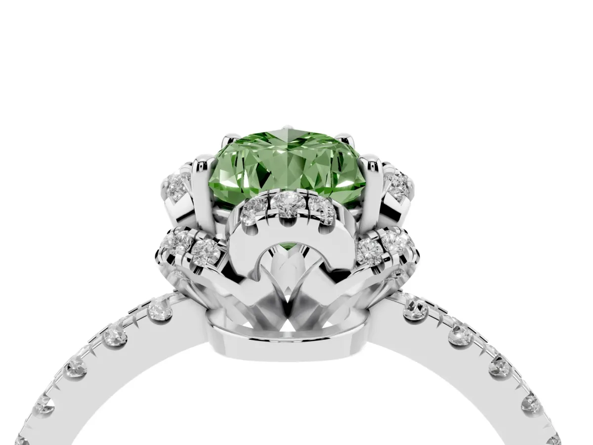 Fancy Green Pear Cut Halo Diamond Pave Band Ring with Four-Prong Setting Silver