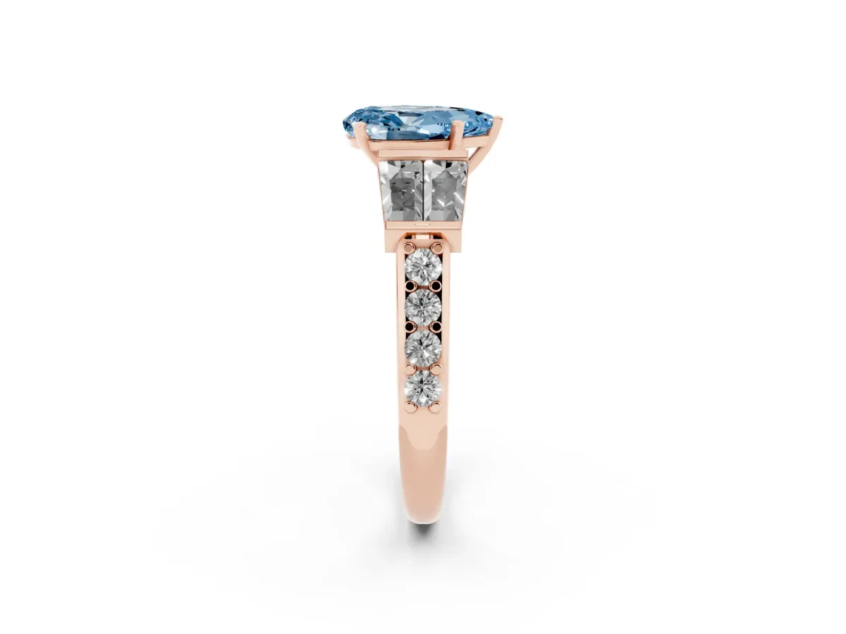 Fancy Blue Pear Cut Diamond Engagement Ring with Baguette Side Stones and Channel Set Band Rose gold