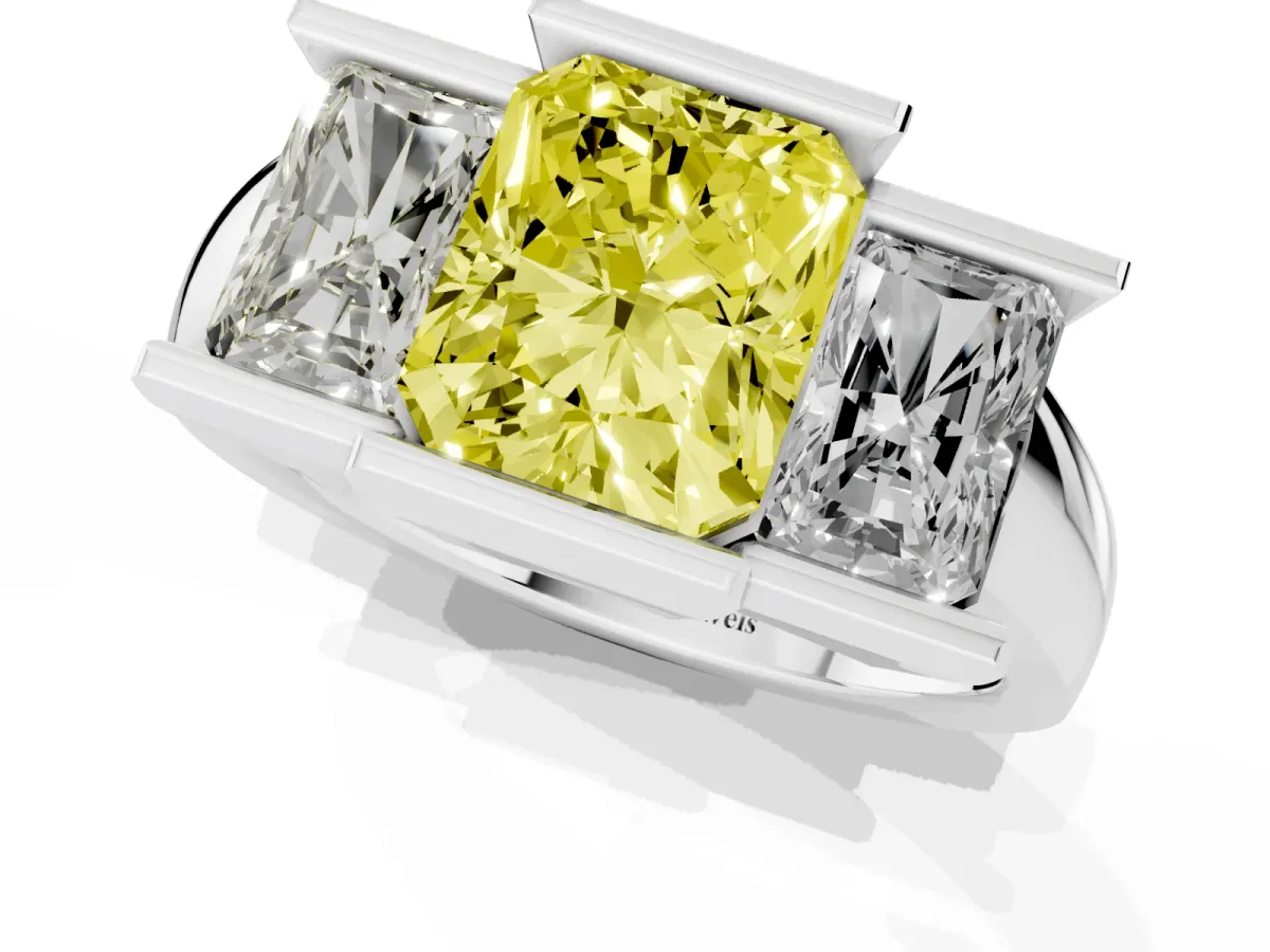 Fancy Yellow Three Stone Radiant Cut Cut Channel Set Diamond Ring Silver