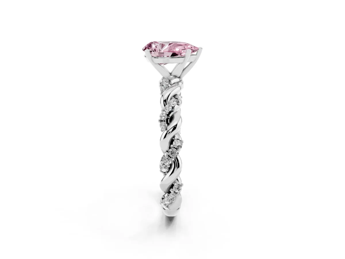 Fancy Pink Pear Cut Diamond Solitaire Ring with Twisted Band and Pavé Accents Platinum