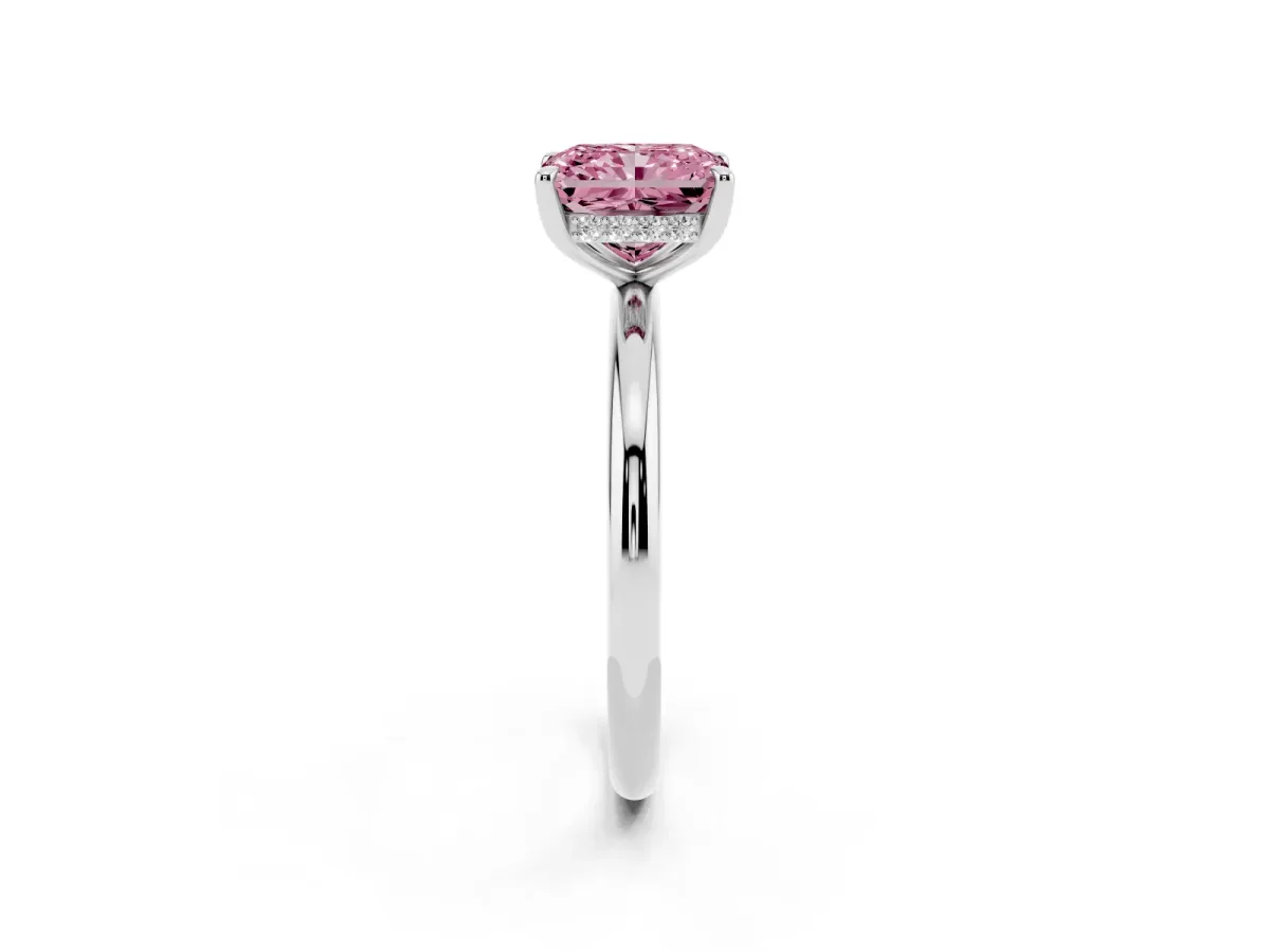Fancy Pink Radiant Cut Diamond Solitaire Ring with Thin Band and Four-Prong Setting Silver