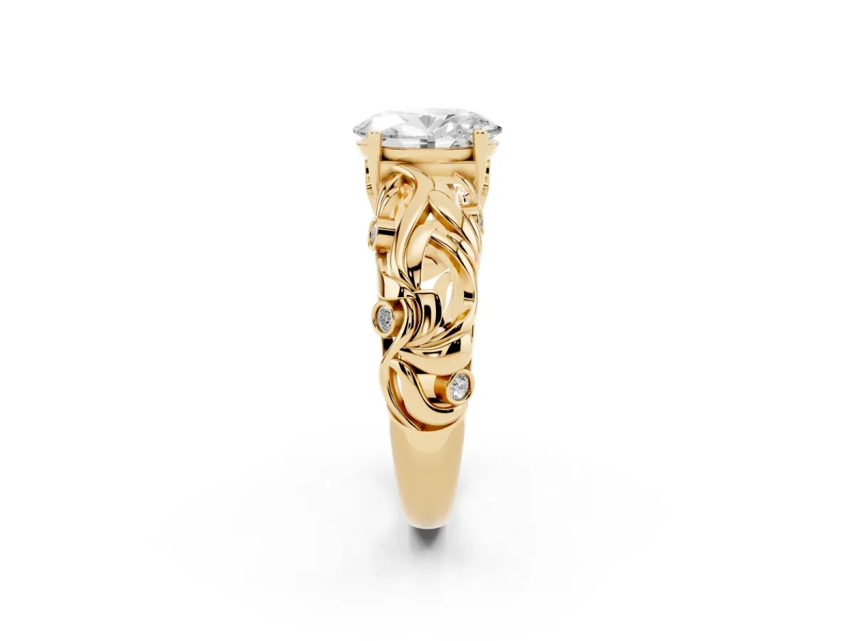 Oval Cut Solitaire Diamond Leaf-Inspired Vine Band Ring with Prong Setting Yellow gold
