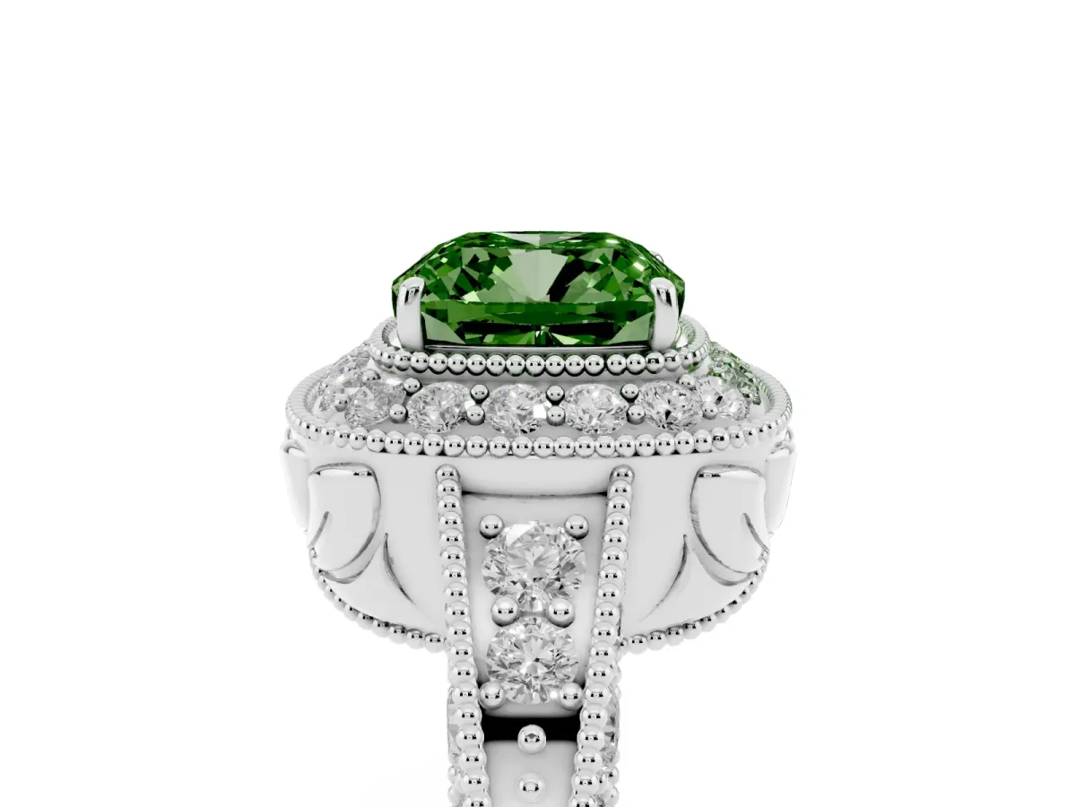 Fancy Green Cushion Cut Halo Diamond Split Shank Ring with Milgrain Detail Platinum