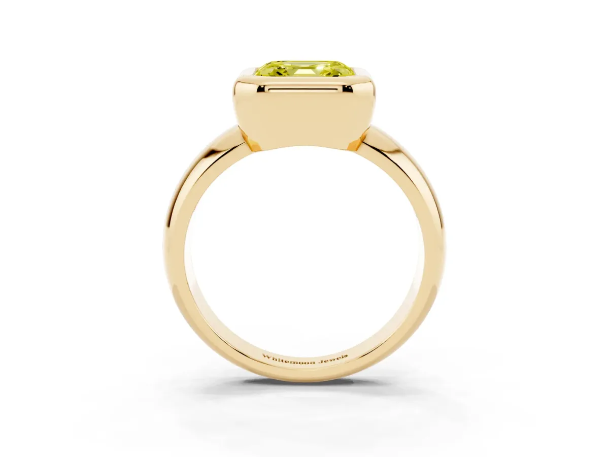 Fancy Yellow Bezel Set Asscher Cut Solitaire Ring with Wide Band Yellow gold