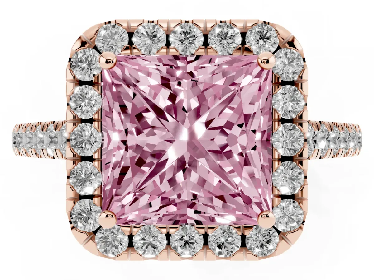 Fancy Pink Princess Cut Halo Pave Diamond Engagement Ring with Four-Prong Setting Rose gold