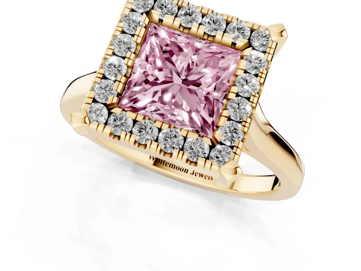 Fancy Pink Princess Cut Diamond Cluster Halo Solitaire with Four-Prong Setting Yellow gold