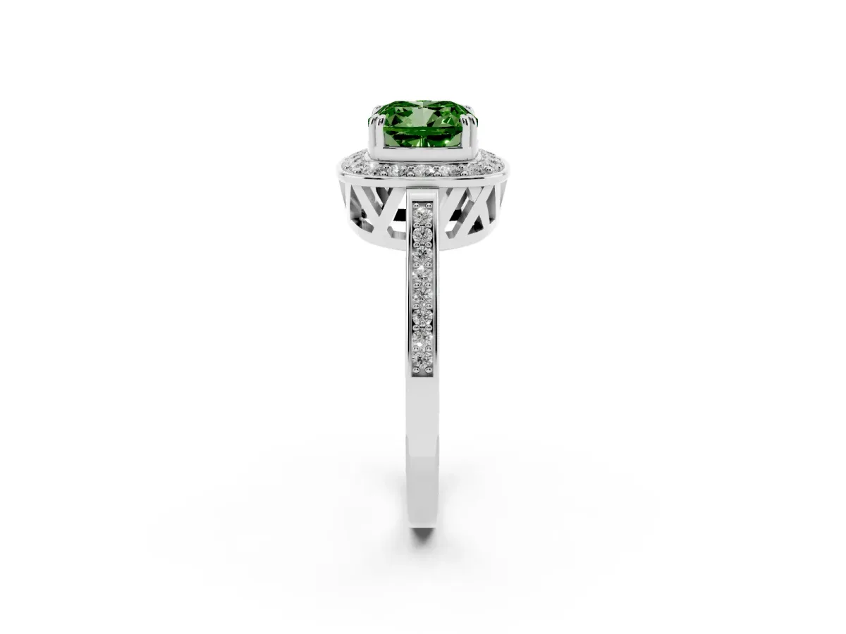 Fancy Green Cushion Cut Diamond Halo Ring with Split Shank and Four-Prong Setting Silver