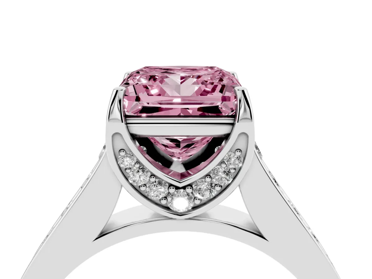 Fancy Pink Princess Cut Brilliant Cut Diamond Engagement Ring with Pavé Band and Four-Prong Setting Platinum