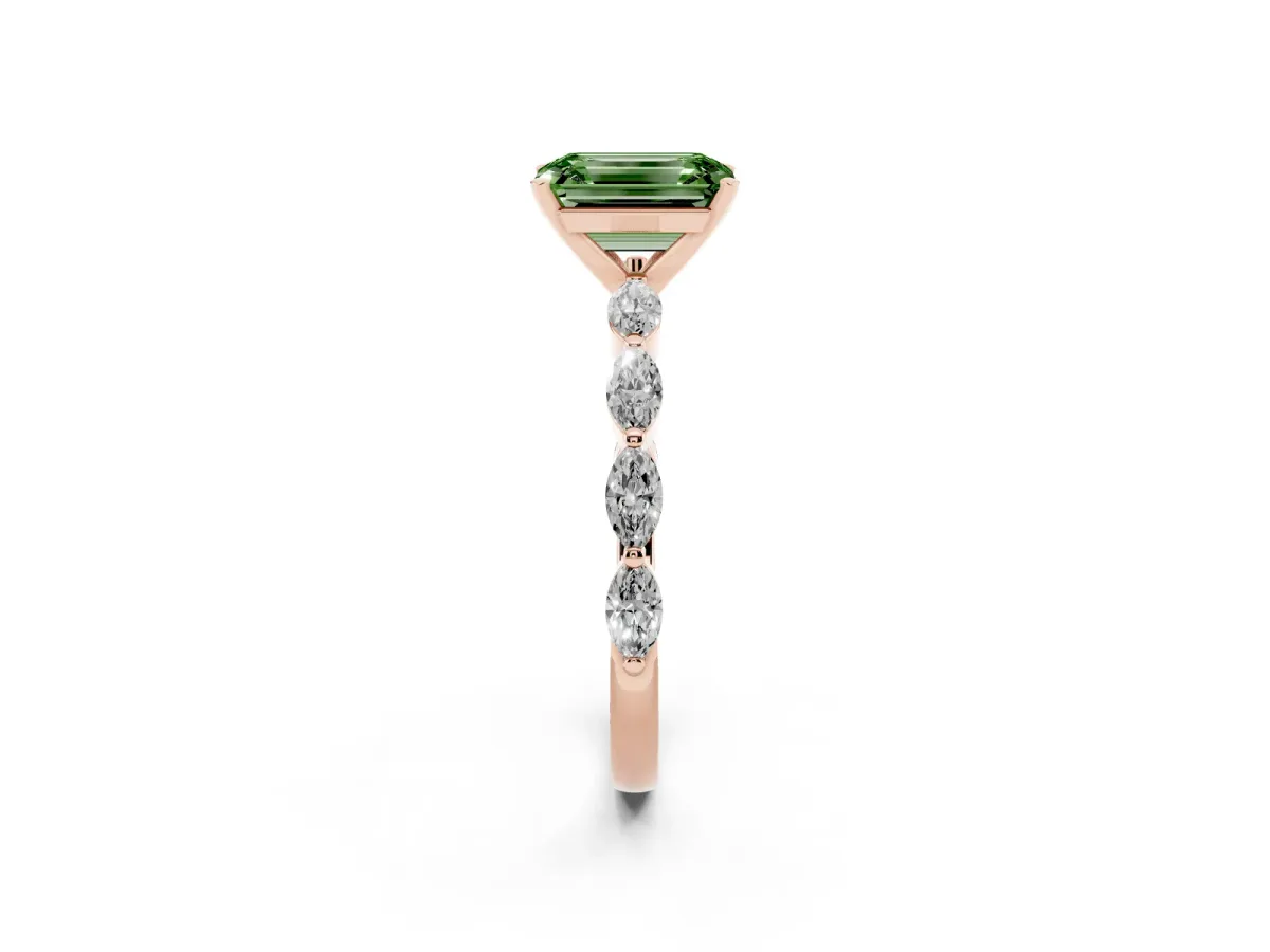 Fancy Green Emerald Cut Diamond Ring with Marquise Side Stones and Prong Setting Rose gold