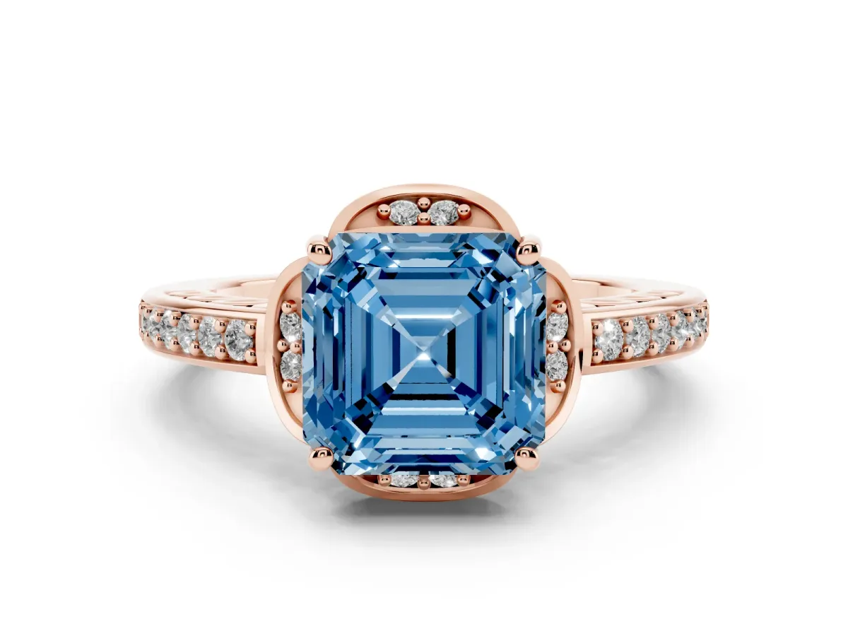Fancy Blue Asscher Cut Cut Halo Diamond Ring with Channel Set Band and Four-Prong Setting Rose gold