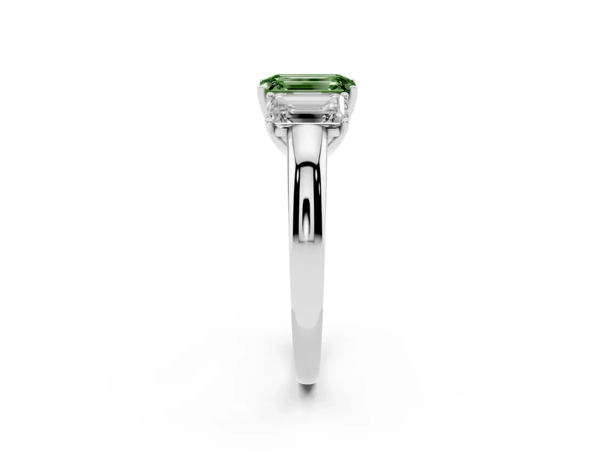 Fancy Green Emerald Cut Diamond Three-Stone Ring with Four-Prong Setting and Classic Band Silver