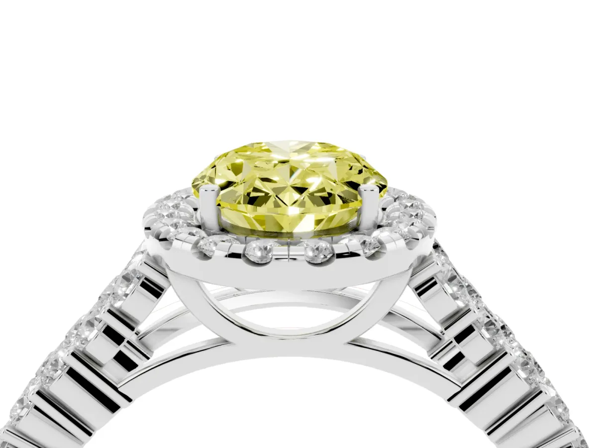 Fancy Yellow Oval Cut Diamond Halo Engagement Ring with Triple Row Round Pavé Band and Prong Setting Platinum