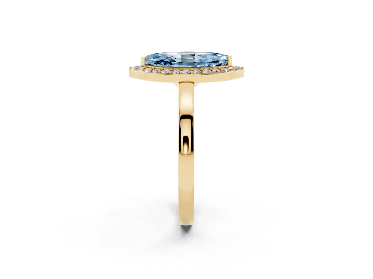 Fancy Blue Marquise Cut Halo Diamond Ring with Solitaire Band and Prong Setting Yellow gold