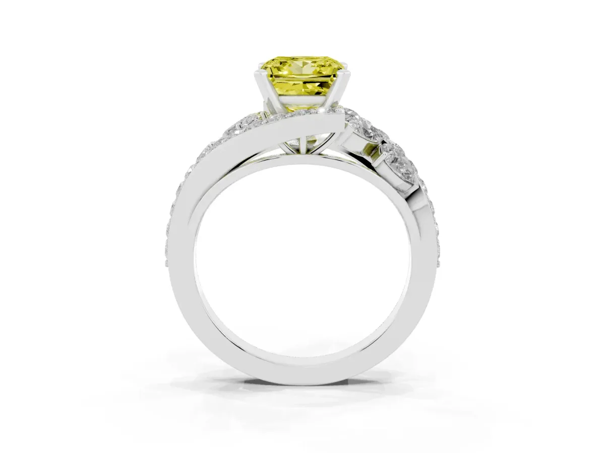 Fancy Yellow Princess Cut Diamond Halo Ring with Marquise and Pavé Band in Prong Setting Silver