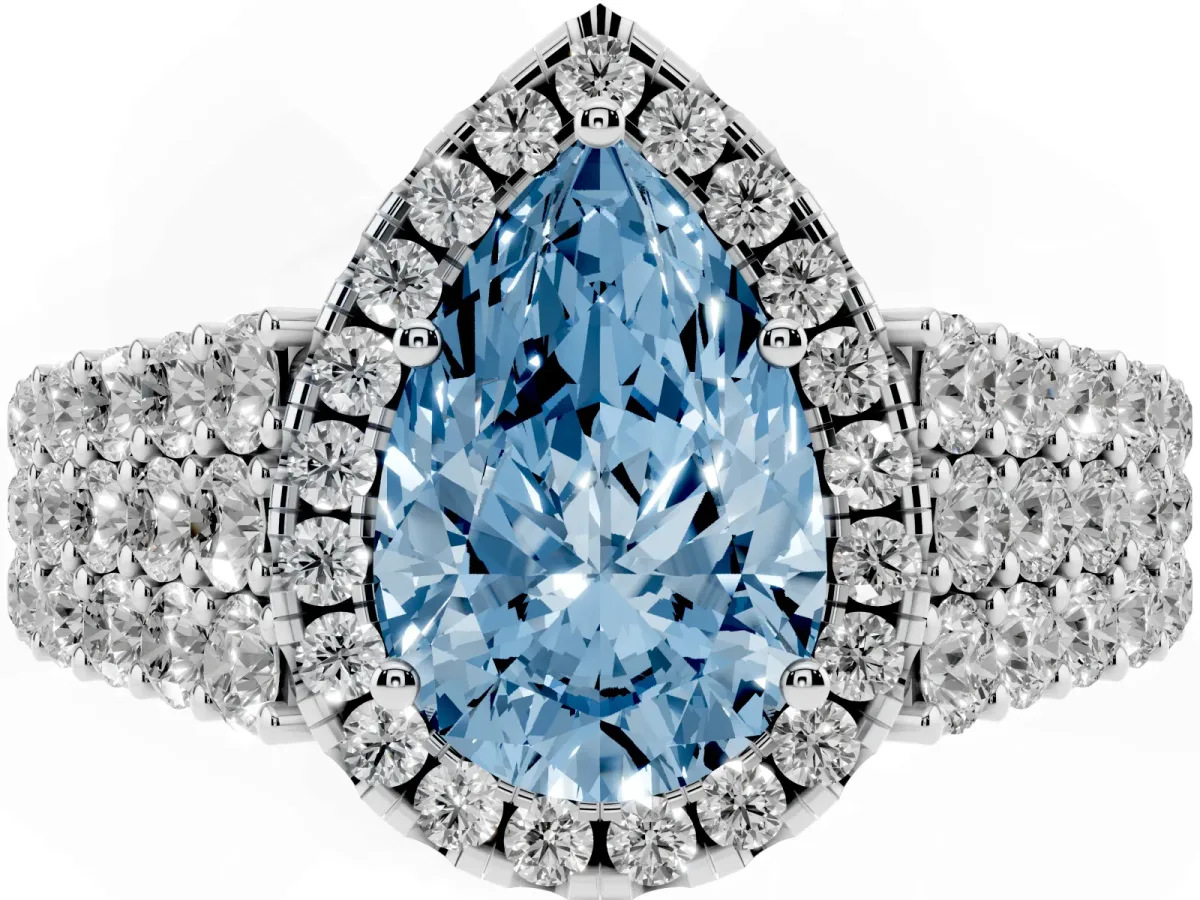 Fancy Blue Pear Cut Diamond Halo Engagement Ring with Triple Row Round Pavé Band and Prong Setting White gold