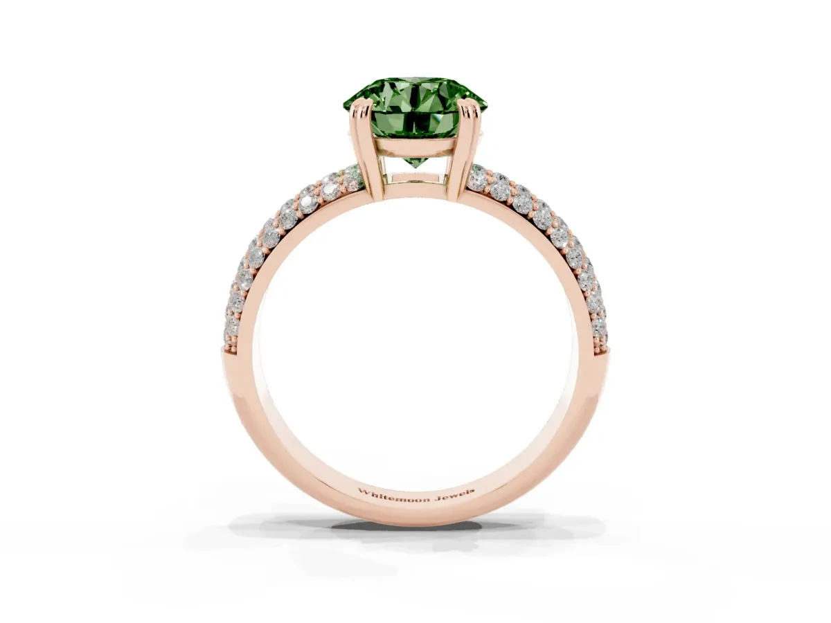 Fancy Green Round Cut Diamond Solitaire Ring with Multi-Row Round Pavé Band and Prong Setting Rose gold