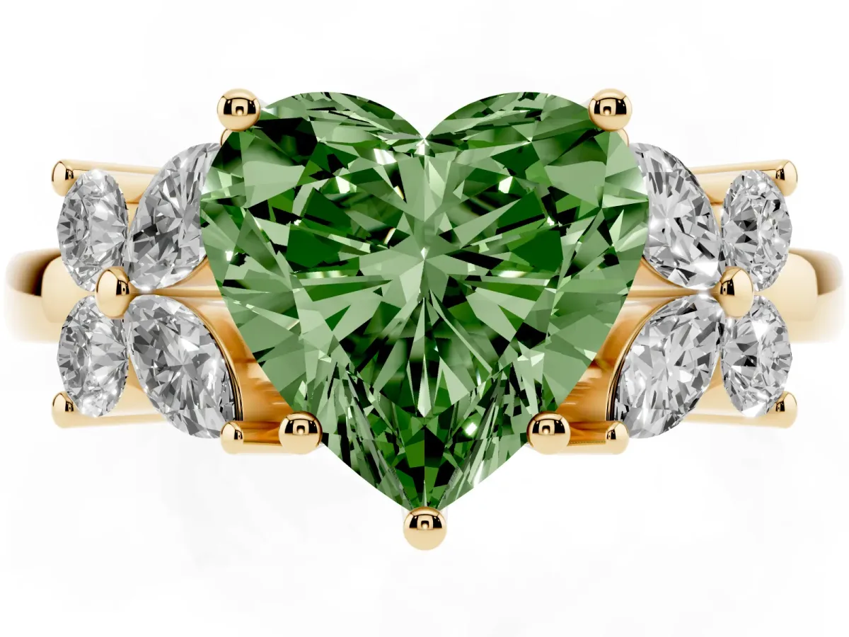 Fancy Green Heart Cut Diamond Floral Cluster Ring with Solitaire Band and Prong Setting Yellow gold