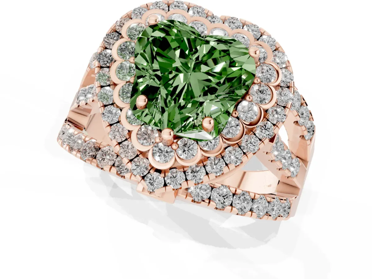 Fancy Green Heart Cut Diamond Double Halo Ring with Round Pavé Split Shank and Prong Setting Rose gold
