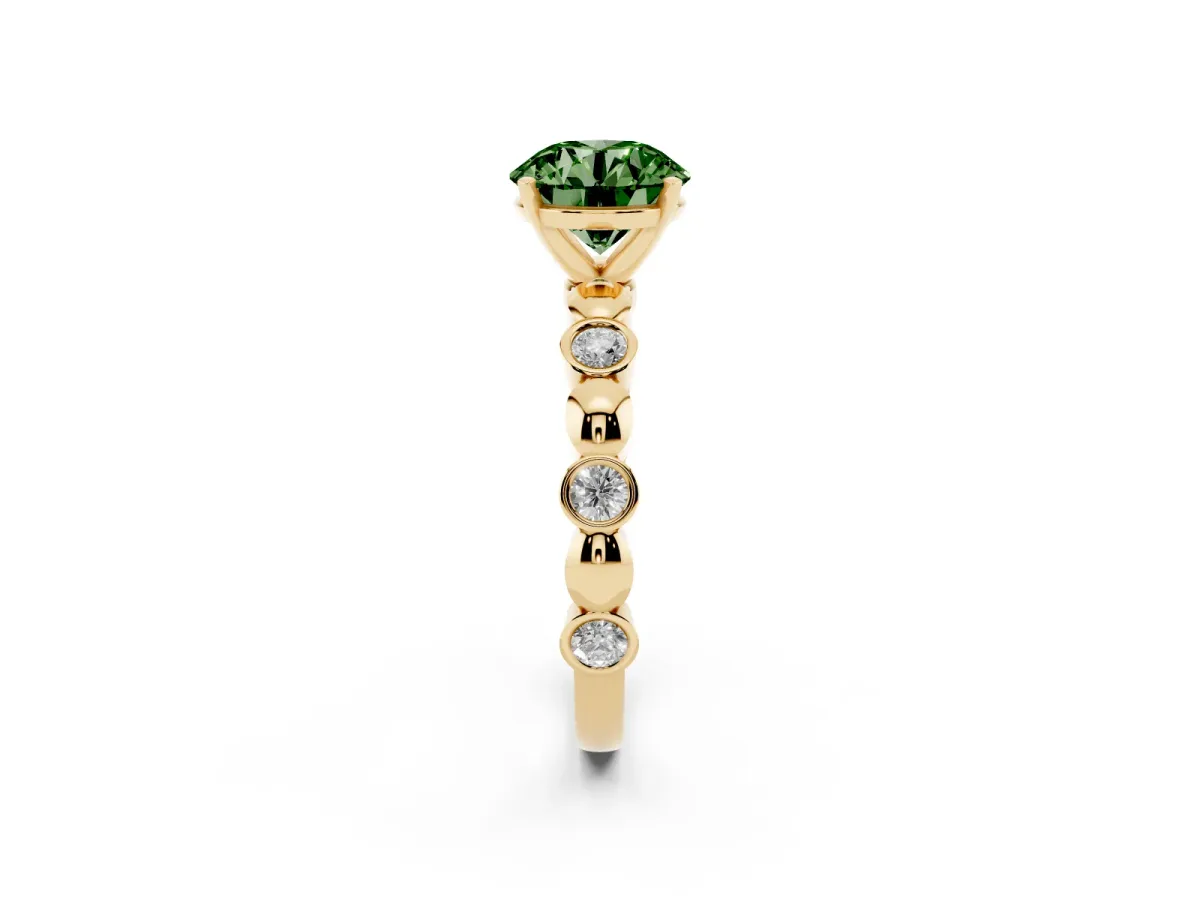 Fancy Green Round Cut Solitaire Bezel-Set Diamond Ring with Beaded Band and Four-Prong Setting Yellow gold