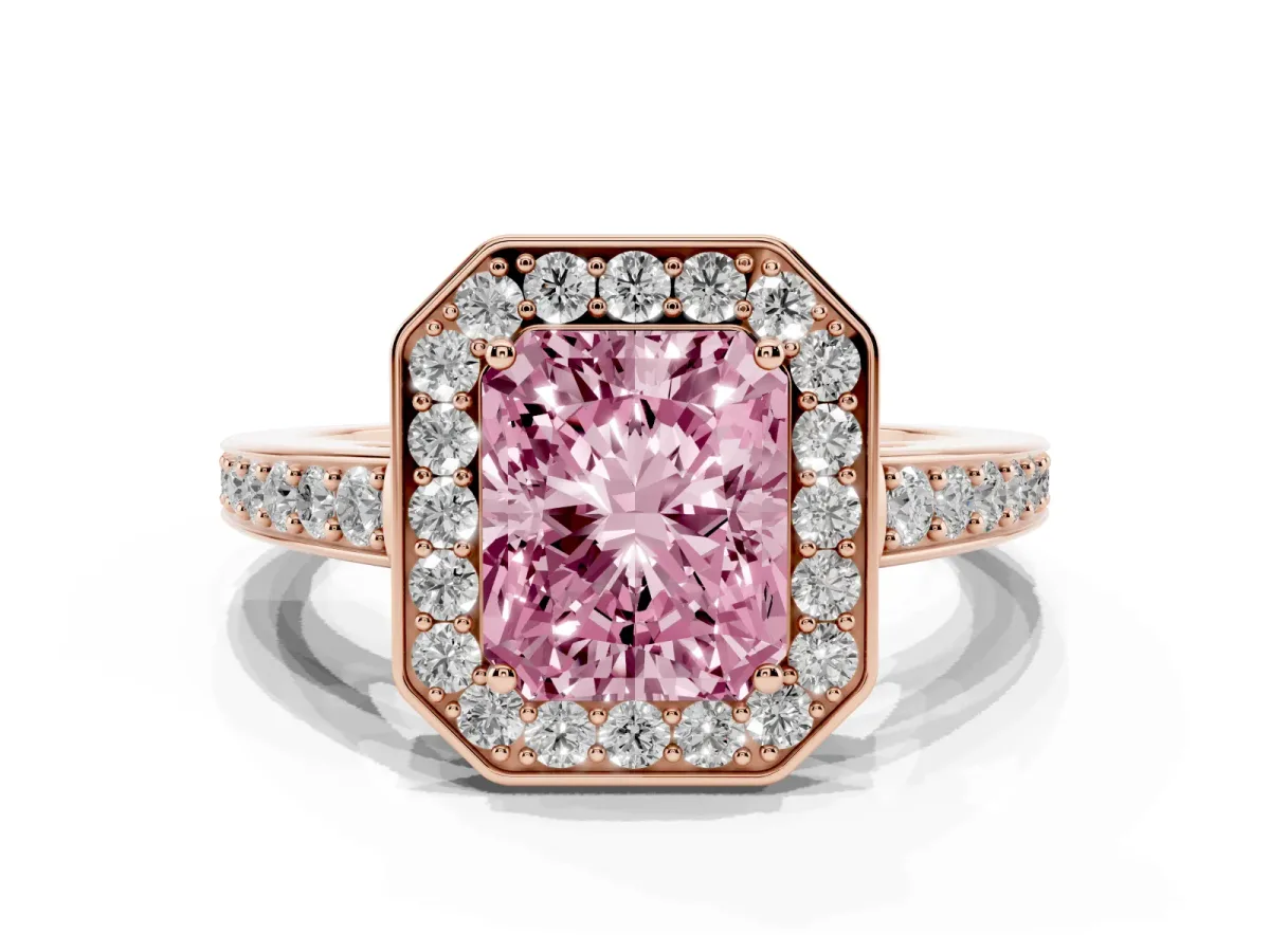 Fancy Pink Radiant Cut Halo Pavé Diamond Engagement Ring with Bezel Setting Rose gold