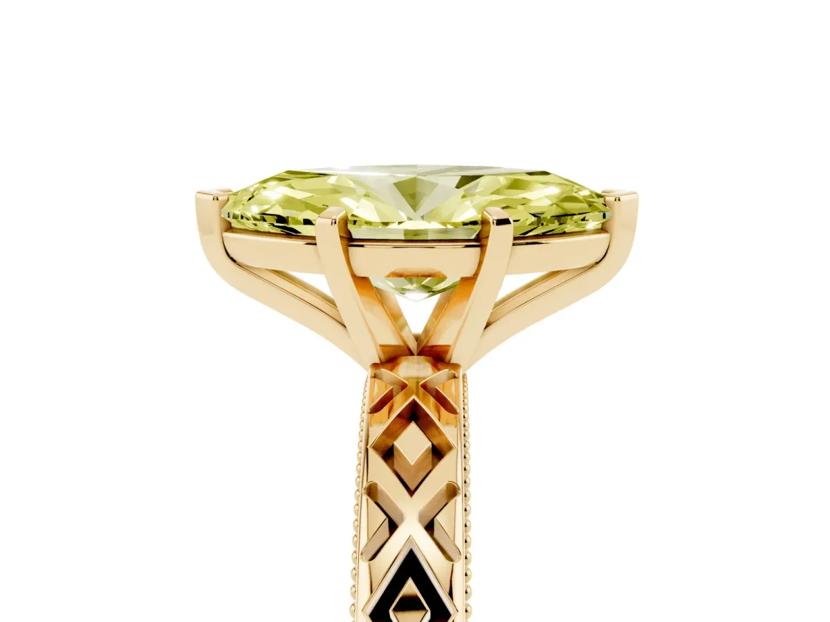 Fancy Yellow Marquise Cut Solitaire Diamond Ring with Milgrain and Black Enamel X Pattern Band Yellow gold