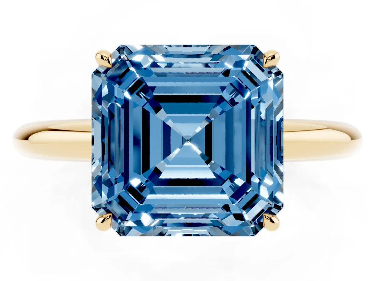 Fancy Blue Asscher Cut Brilliant Solitaire Engagement Ring with Six-Prong Setting and Classic Band Yellow gold
