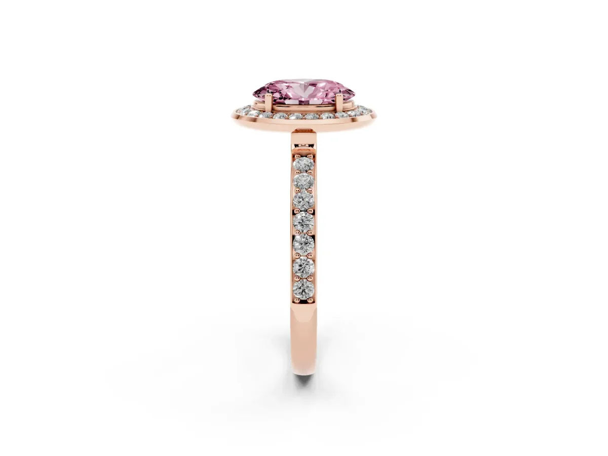 Fancy Pink Oval Cut Diamond Halo Ring with Bezel Frame and Pavé Band Rose gold
