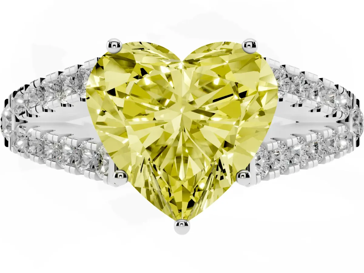 Fancy Yellow Heart Cut Diamond Split Shank Pavé Engagement Ring with Four-Prong Setting Platinum