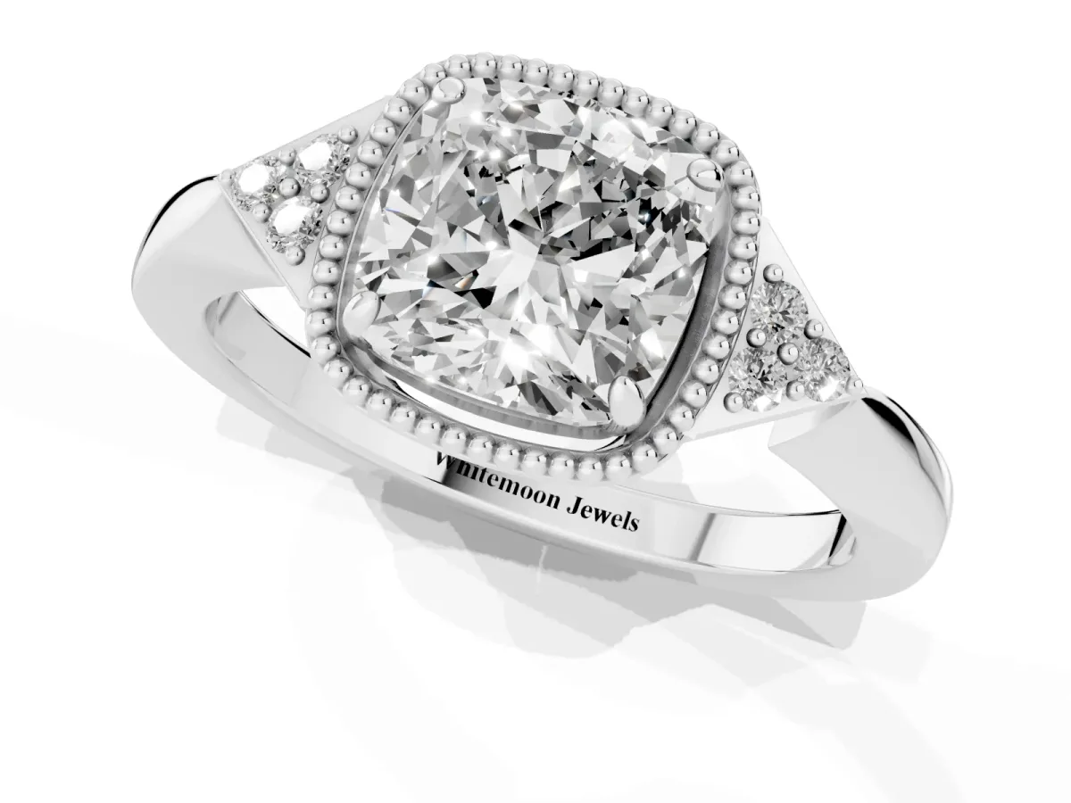 Cushion Cut Diamond Halo Ring with Tapered Band and Four-Prong Setting White gold