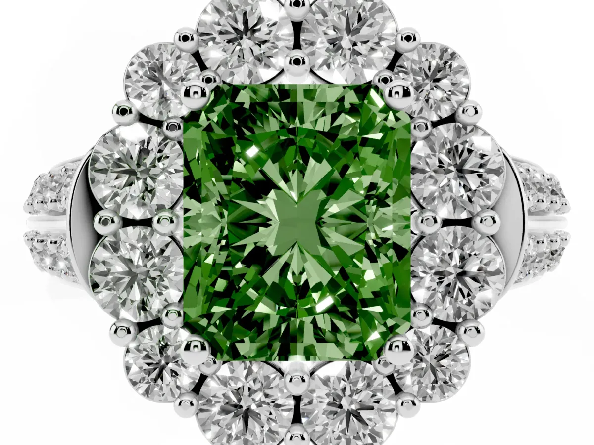 Fancy Green Radiant Cut Halo Diamond Engagement Ring with Split Shank and Prong Setting Silver