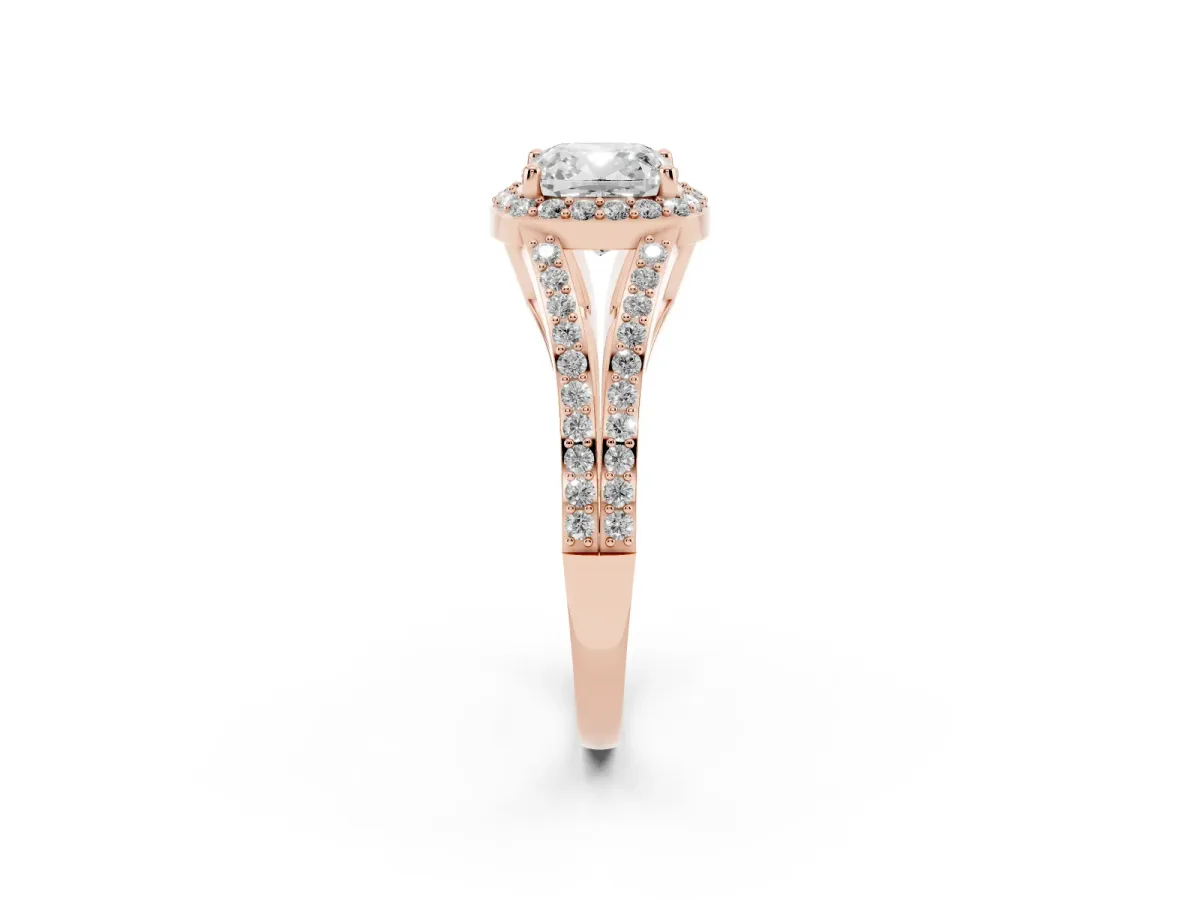 Cushion Cut Halo Split Shank Diamond Ring with Prong Setting Rose gold