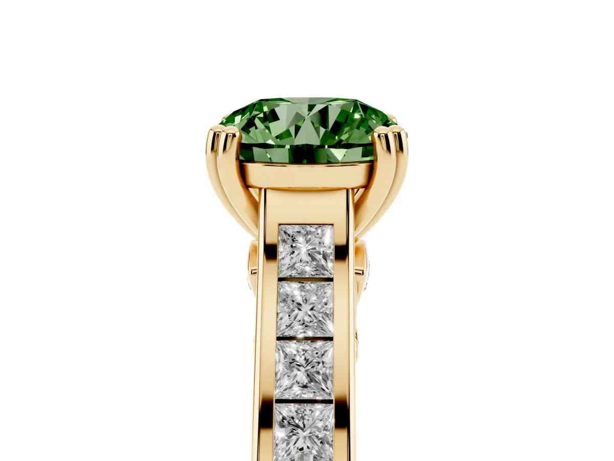 Fancy Green Round Cut Cut Channel Set Solitaire Engagement Ring with Prong Setting Yellow gold
