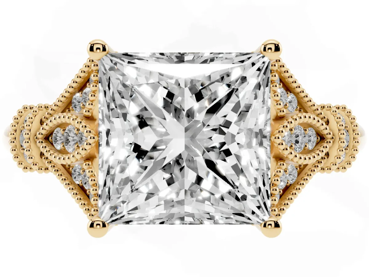 Princess Cut Diamond Solitaire Ring with Floral Filigree and Pave Accents Yellow gold