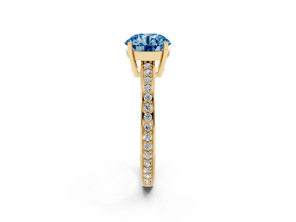Fancy Blue Round Cut Solitaire Pavé Band Prong Setting Ring Yellow gold