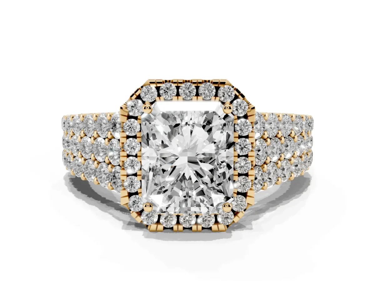 Radiant Cut Diamond Halo Engagement Ring with Triple Row Round Pavé Band and Prong Setting Yellow gold
