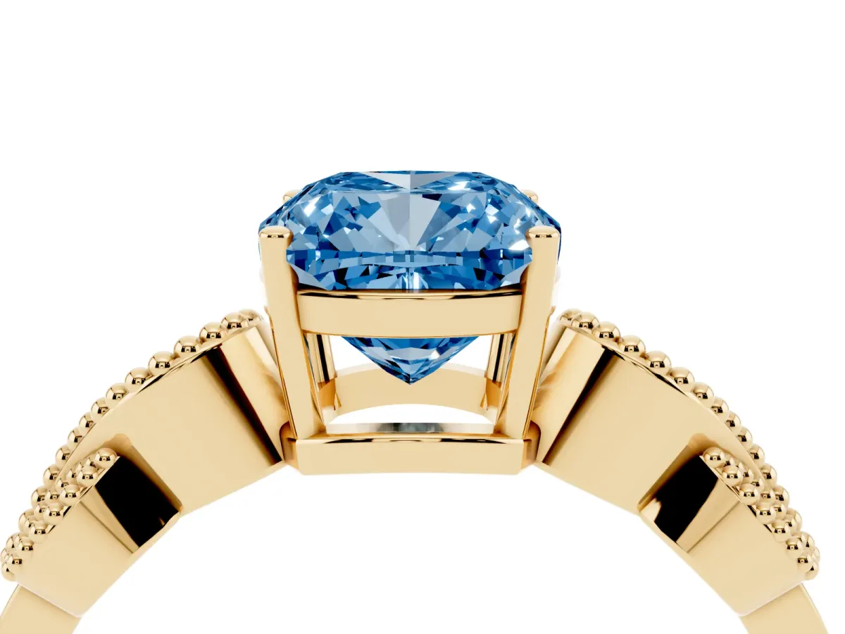 Fancy Blue Cushion Cut Solitaire Milgrain Leaf Band with Prong Setting Yellow gold