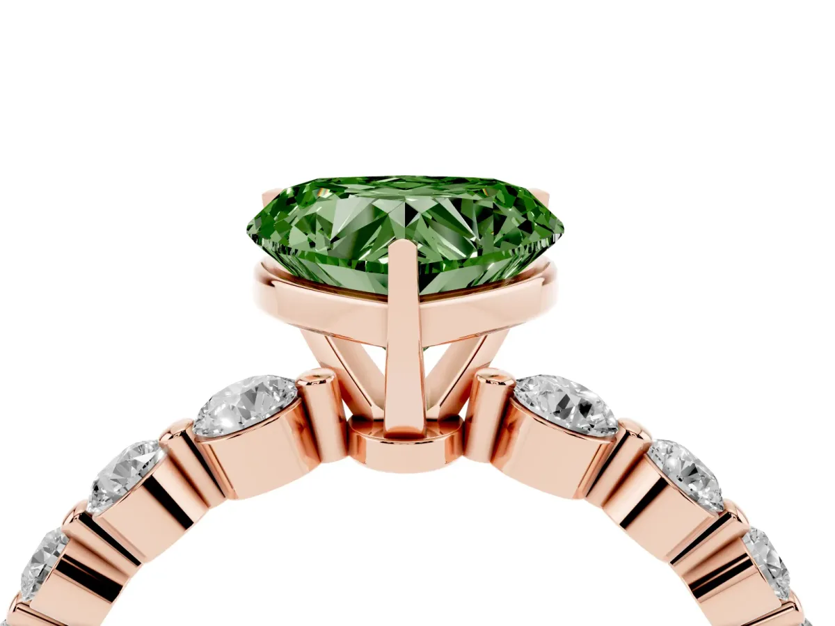 Fancy Green Heart Cut Solitaire Diamond Ring with Pave Band and Four-Prong Setting Rose gold