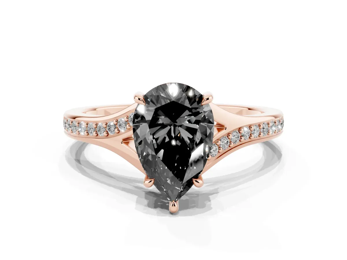 Fancy Black Pear Cut Diamond Solitaire Ring with Pavé Band and Prong Setting Rose gold
