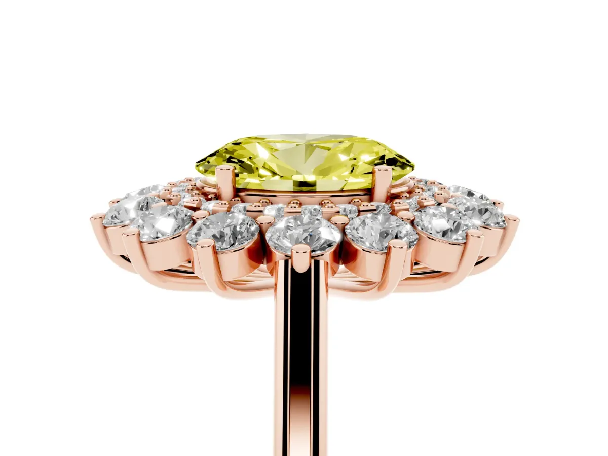 Fancy Yellow Oval Cut Diamond Floral Double Halo Engagement Ring with Prong Setting Rose gold