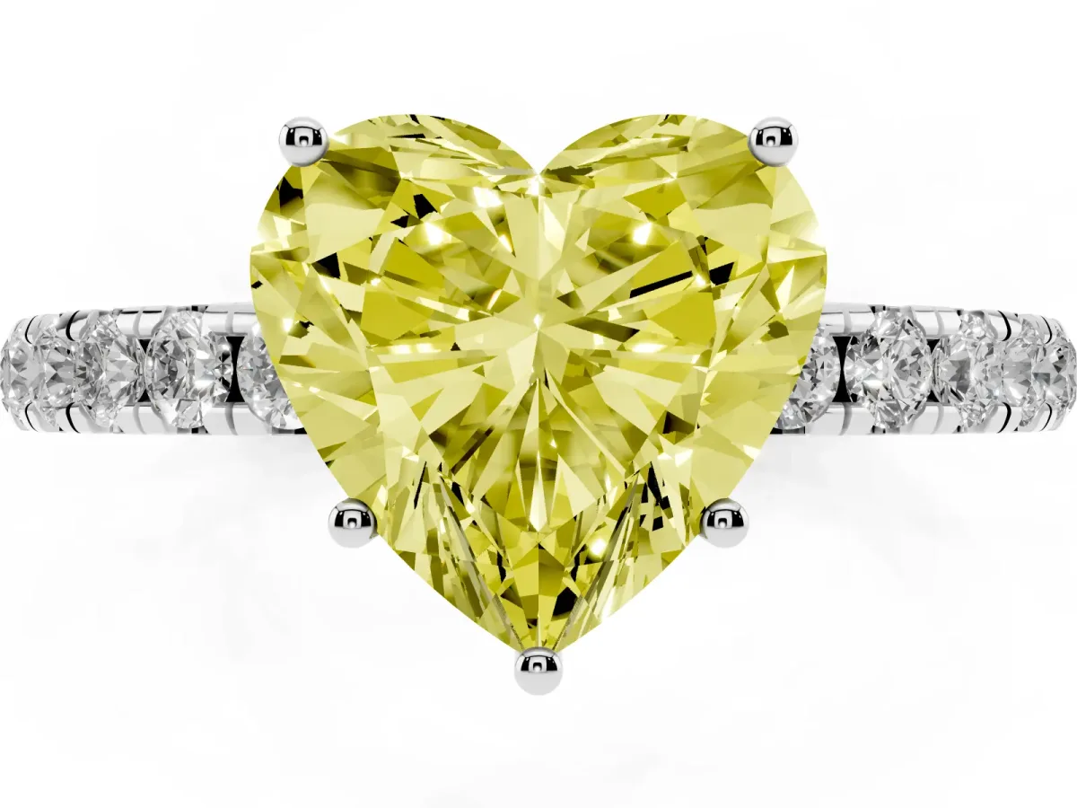 Fancy Yellow Heart Cut Diamond Pavé Solitaire Engagement Ring with Four-Prong Setting Silver
