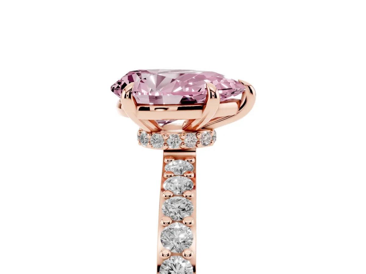 Fancy Pink Pear Cut Diamond Pavé Engagement Ring with Round Accents and Prong Setting Rose gold