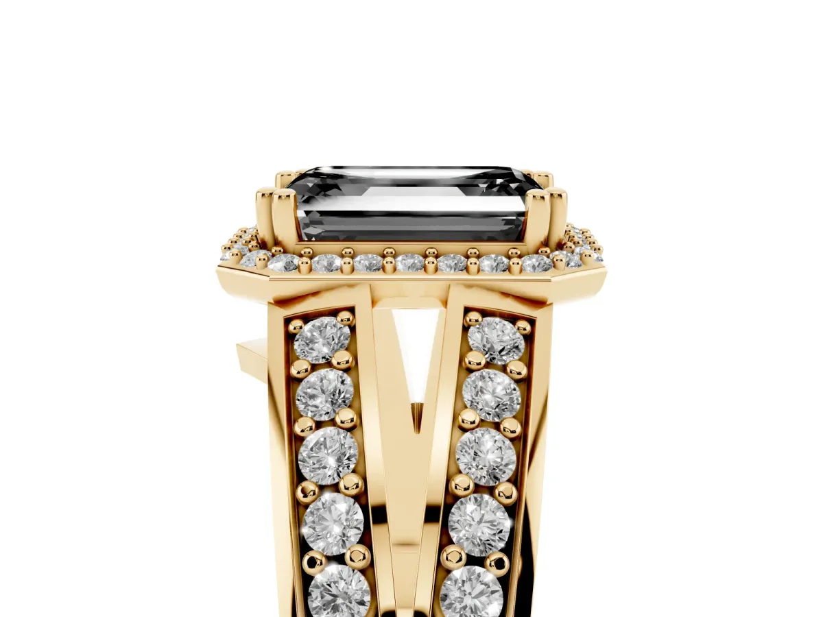 Fancy Black Emerald Cut Diamond Halo Ring with Split Shank Pavé Band and Four-Prong Setting Yellow gold