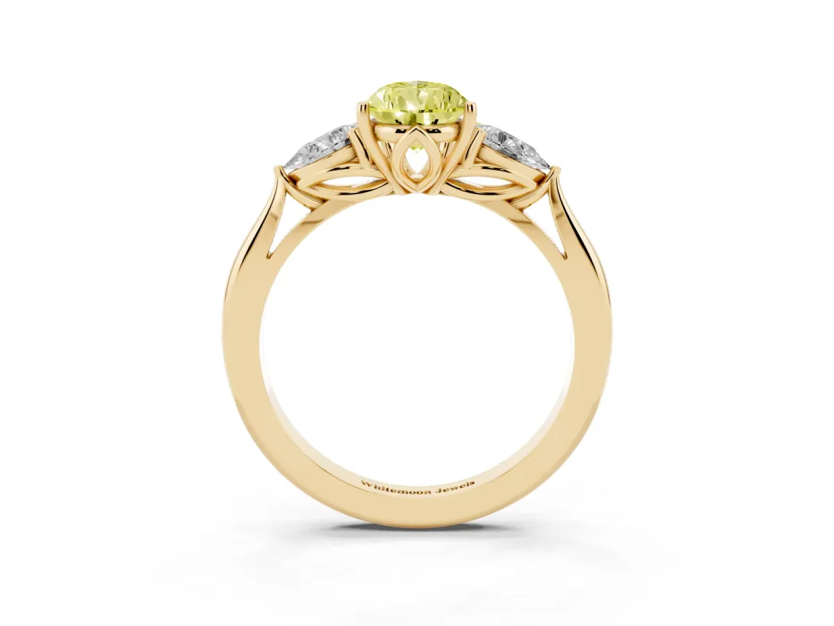 Fancy Yellow Three-Stone Pear Cut Brilliant Diamond Solitaire Ring with Tapered Band and Four-Prong Setting Yellow gold