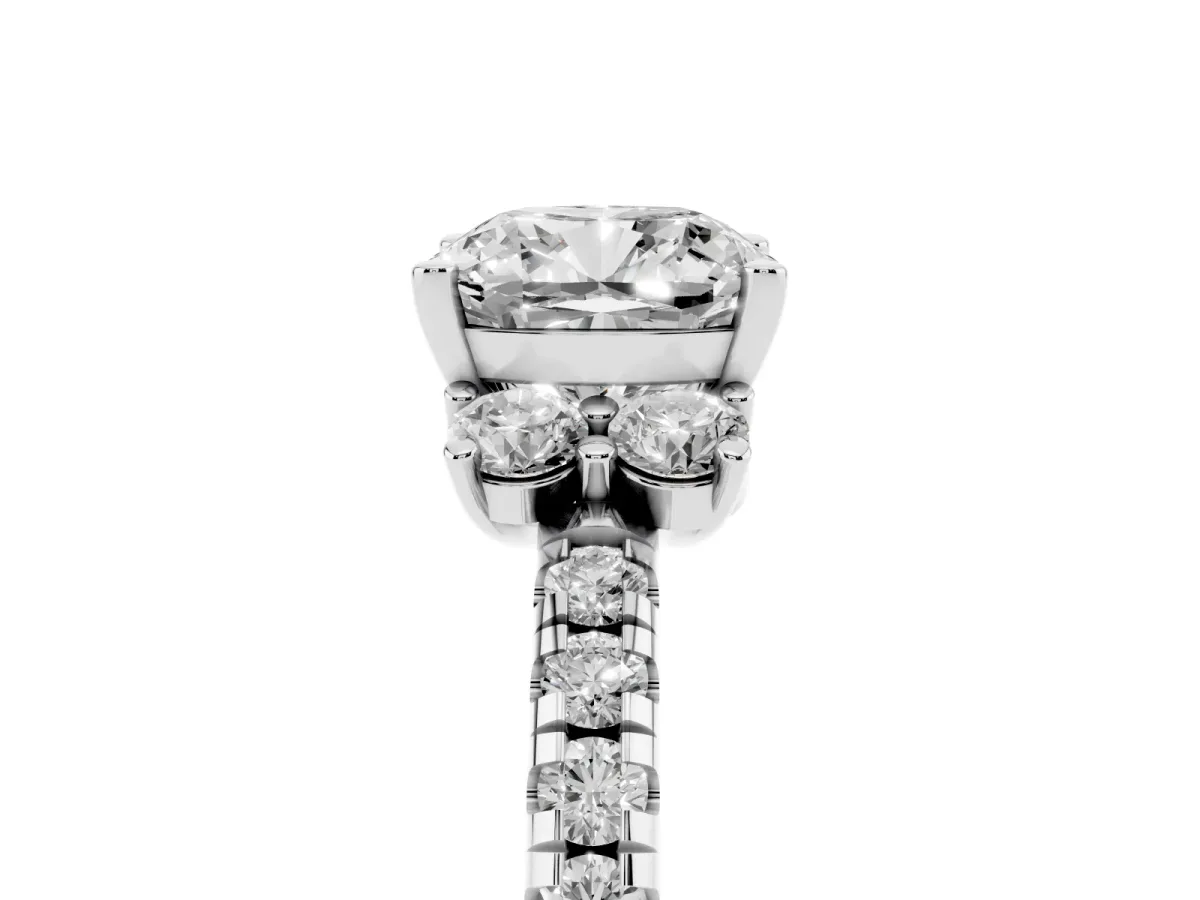 Cushion Cut Diamond Three-Stone Pave Band with Four-Prong Setting Silver